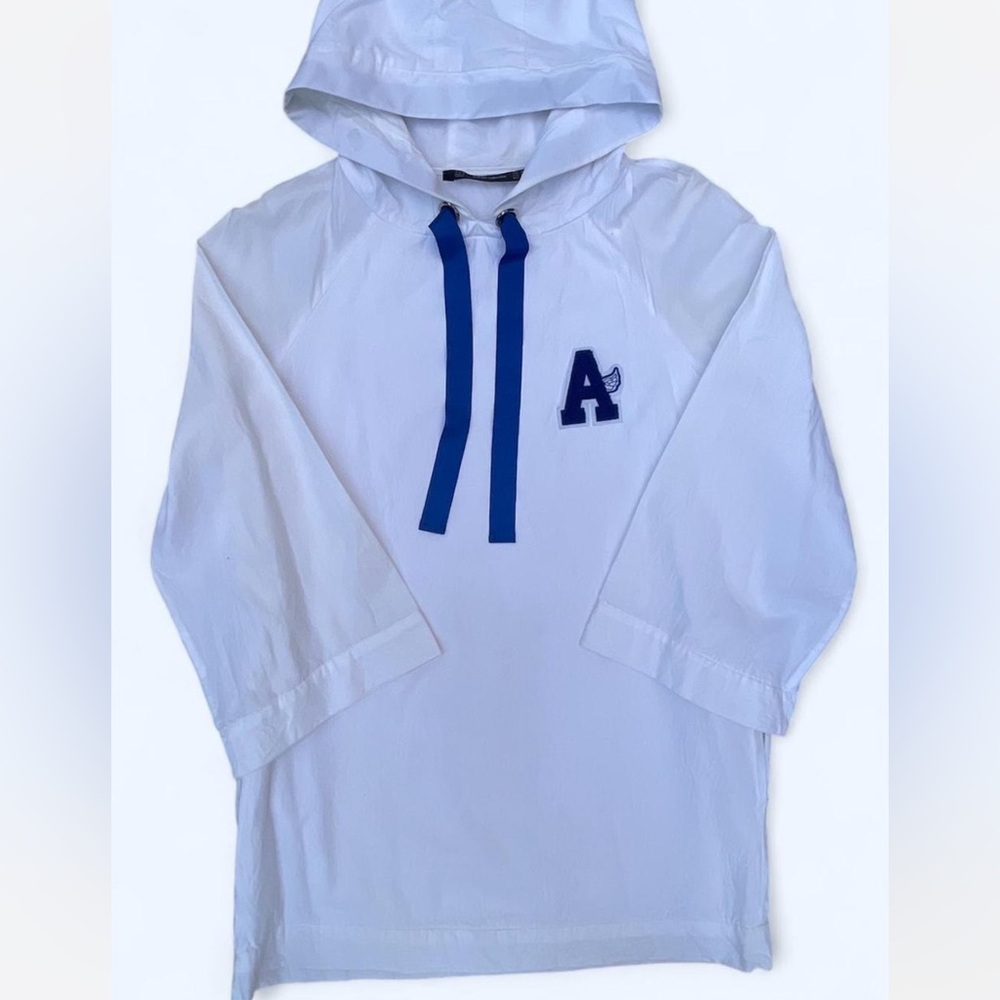 Zara White poplin Top with hood pockets and embroidery Medium casual comfy